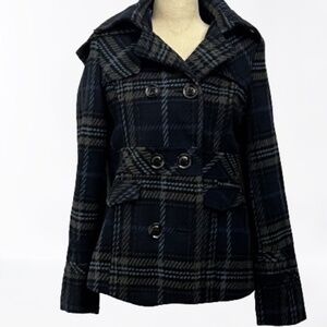 Maralyn & Me Plaid Coat Jacket Hood Size M Blue Gray Pockets Lined Button